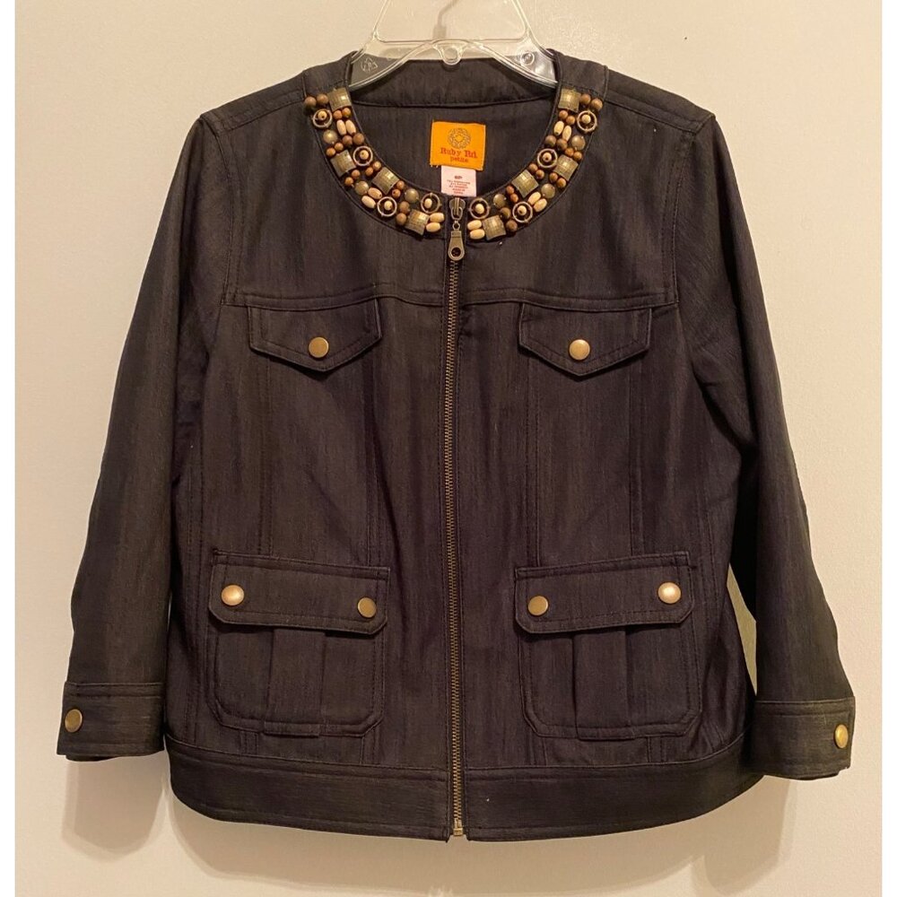 Ruby Rd. Petite Womens Beaded Collar Black Jacket 6 Petite